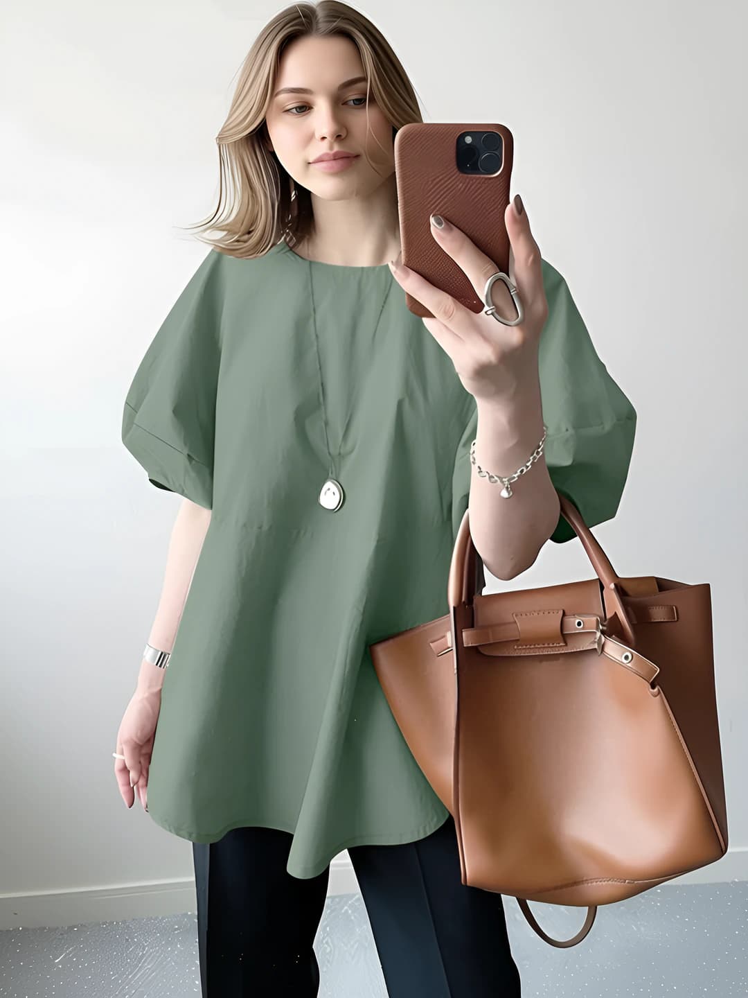 Women's solid colour short sleeve t-shirt with crew neck, loose fit, puff sleeves, cotton and ramie fabric, summer 2026
