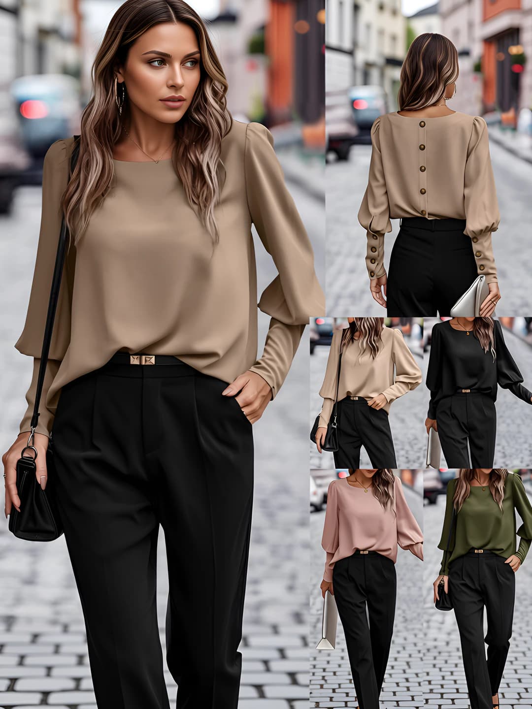 Women's long sleeve blouse with crew neck, solid colour, loose fit