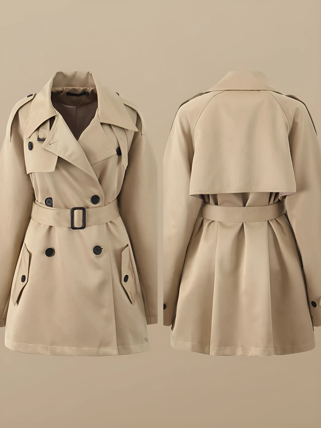 Women's autumn-winter retro trench coat with lapel collar, double-breasted closure, solid colour, mid-length