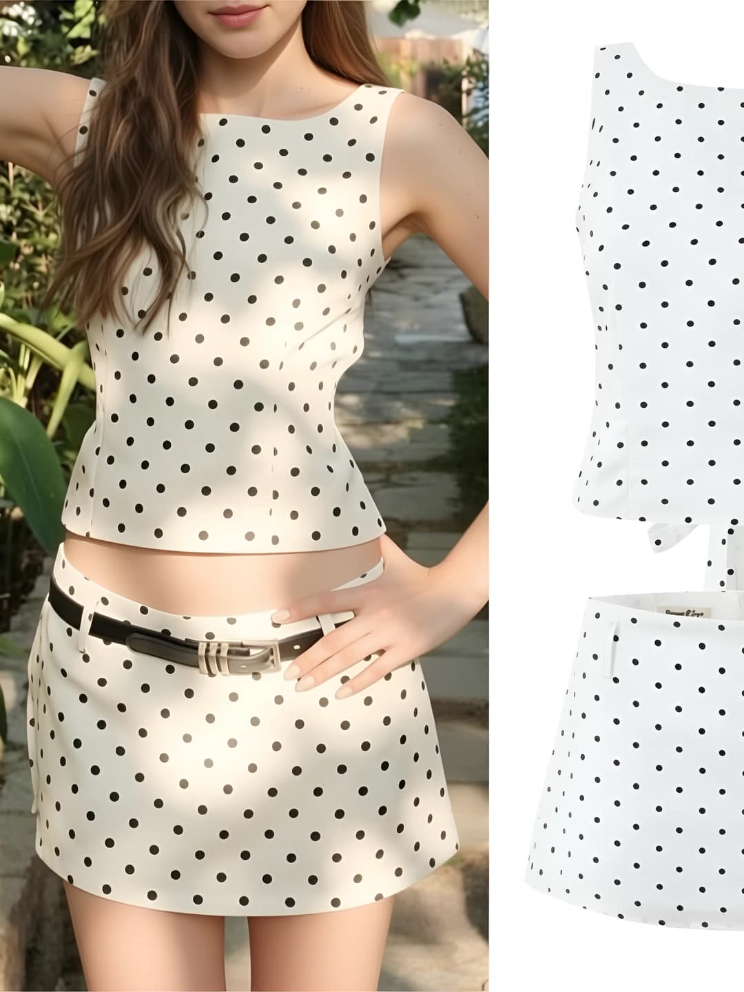 Women's polka-dot tank top and mini skirt set: sleeveless, low waist, tie and open back design, polyester fabric, for spring-summer-autumn