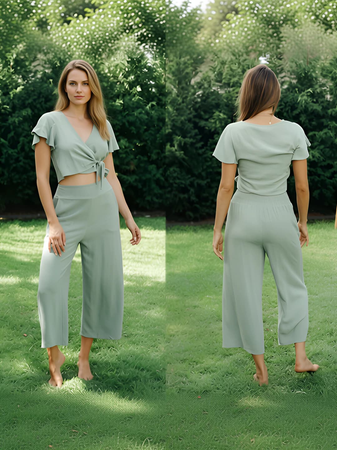 Women's casual two-piece set: V-neck tie cardigan and ankle-length wide-leg trousers