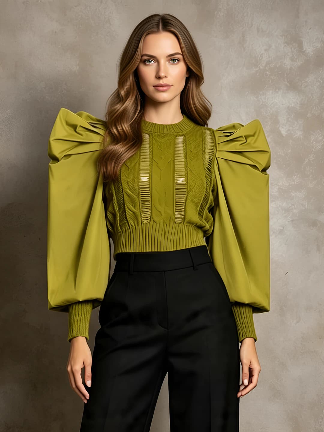 Women's 2026 crew neck long sleeve slim fit and loose fit solid colour puff sleeve patchwork sweater