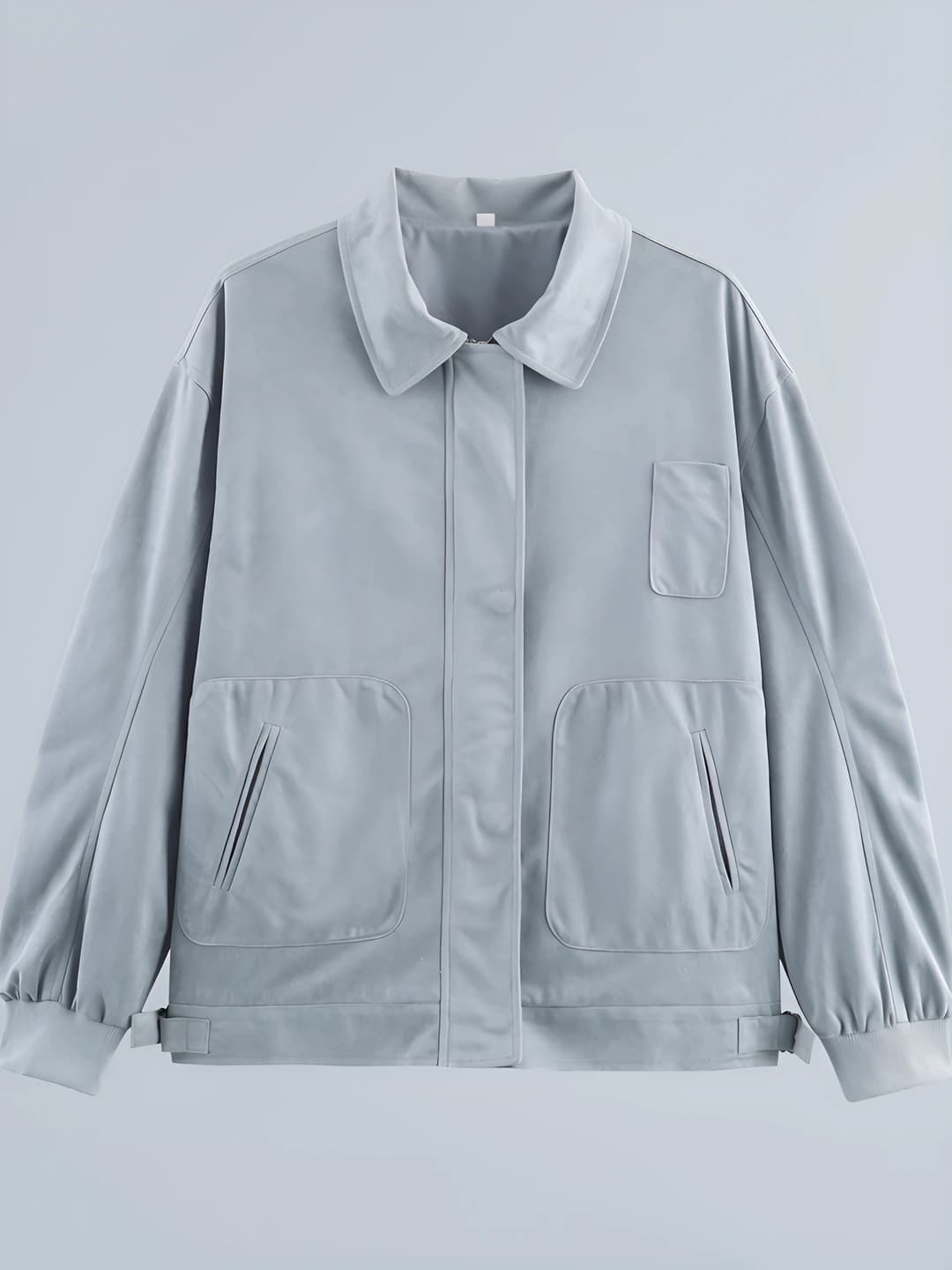 Ayollar uchun kuz-qish retro uslubdagi qaytarma yoqali bo'sh (oversize) uzun yengli o'rta-uzun bir rangli fermuarli qalin mato suede kurtka