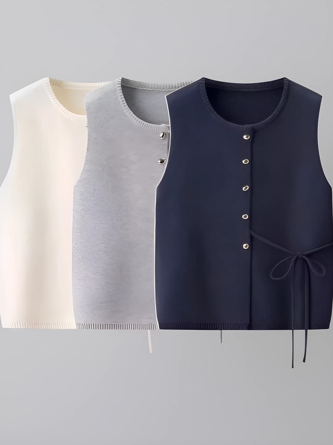 Ayollar uchun kuz-qish mavsumiga mo'ljallangan yengsiz sviter jilet, dumaloq yoqa, bir rangli, bo'sh (oversize) kesim, yapon-koreys uslubidagi kundalik mayka
