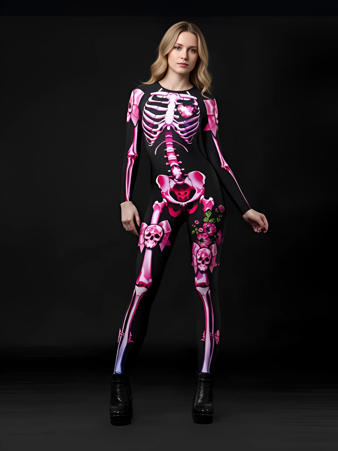Women's Halloween jumpsuit, pink, 3D skeleton printed, long sleeve, low waist, trousers, stretch fabric