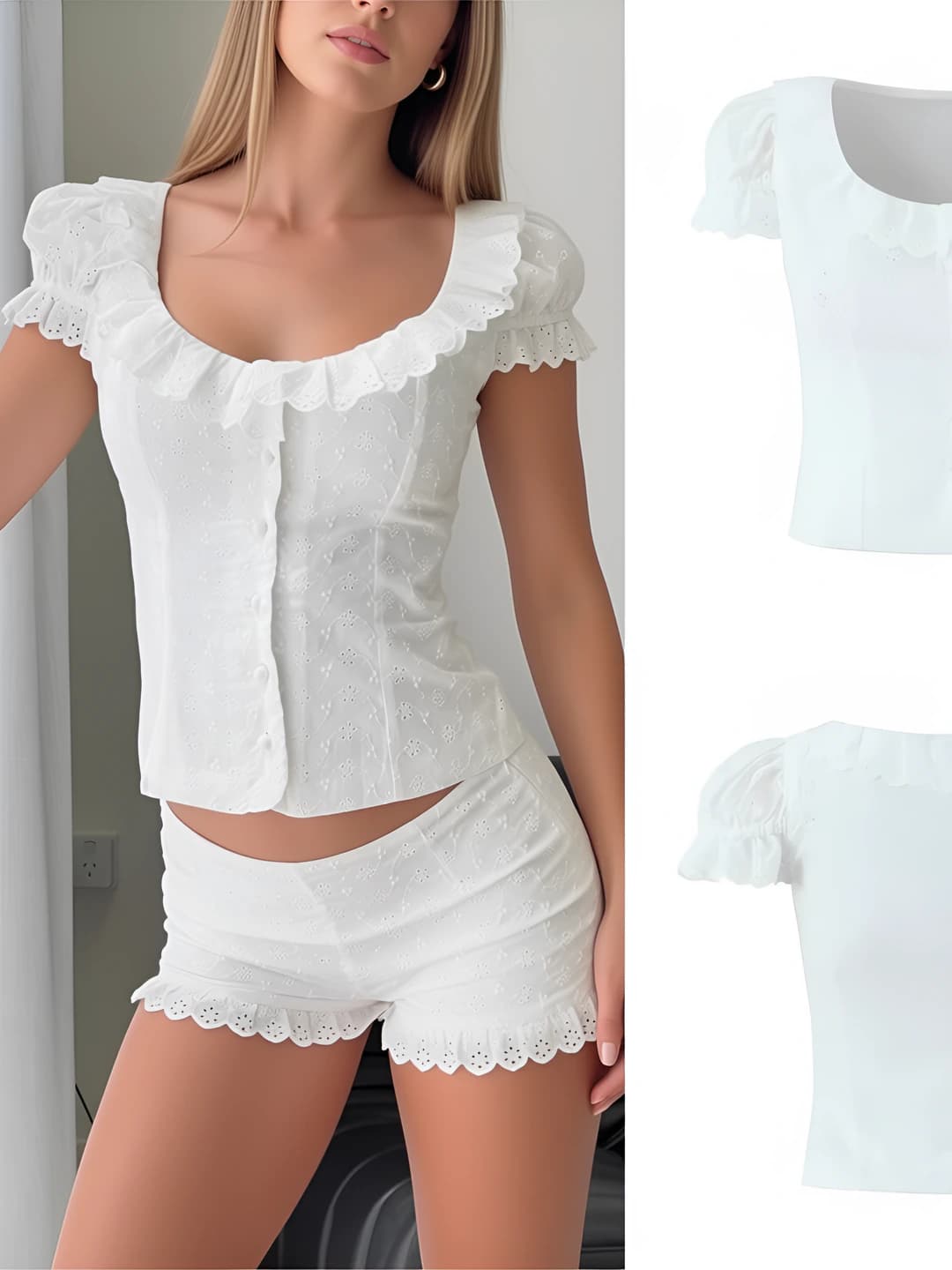 Women's lace short sleeve blouse with peter pan collar, puff sleeves, slim fit, solid colour, open front, cardigan style