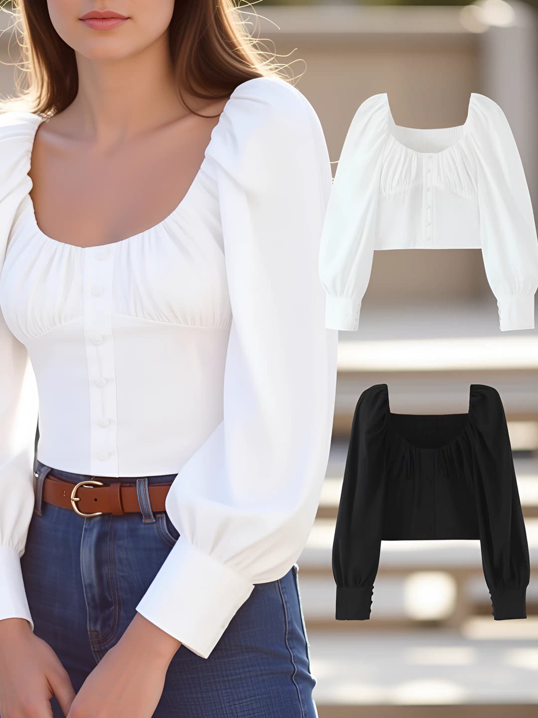 Women's retro style slim fit solid colour long sleeve square collar cropped blouse