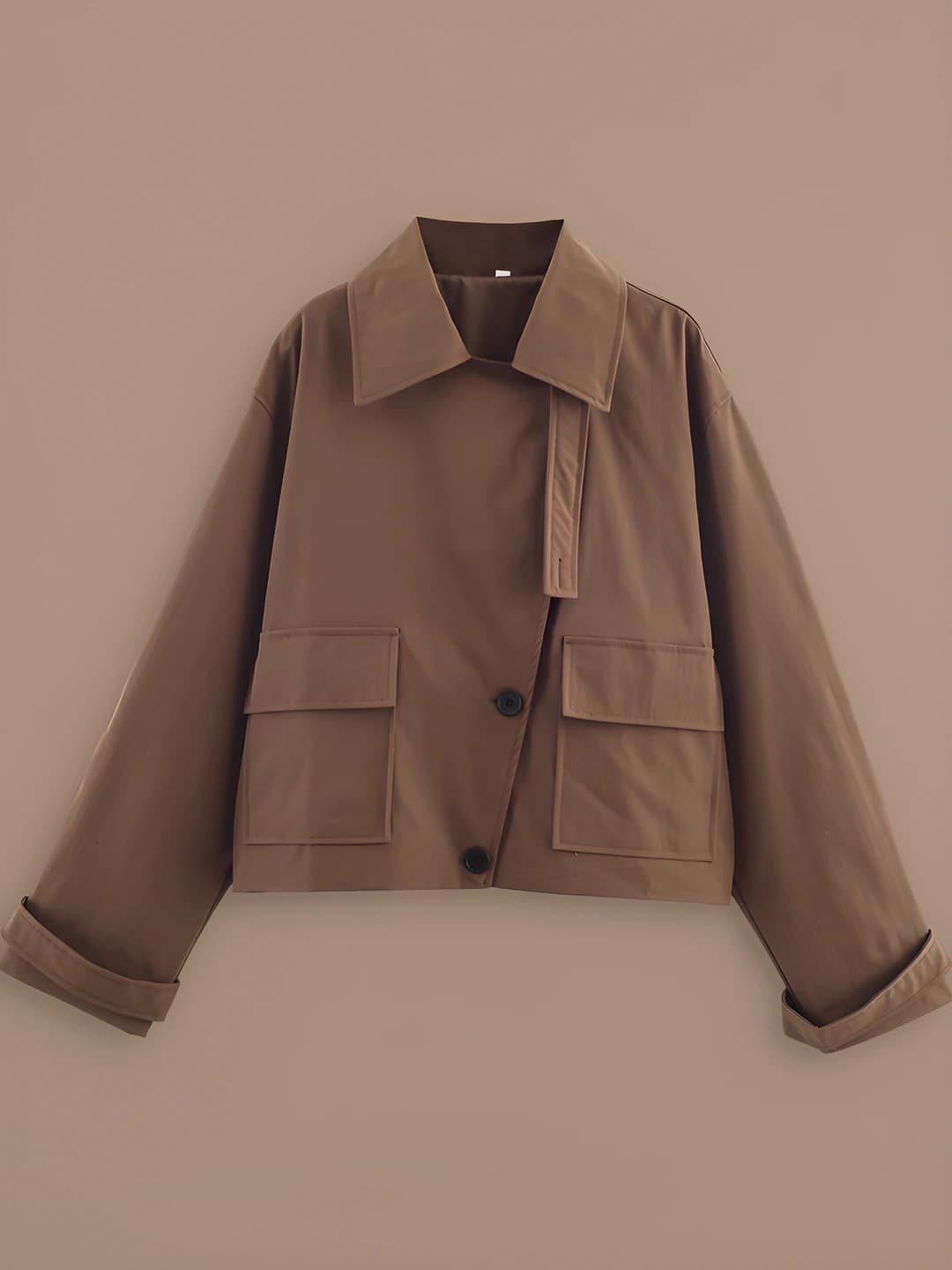 Women's autumn-winter retro trench coat: solid colour, lapel collar, cropped, long sleeve, thick fabric