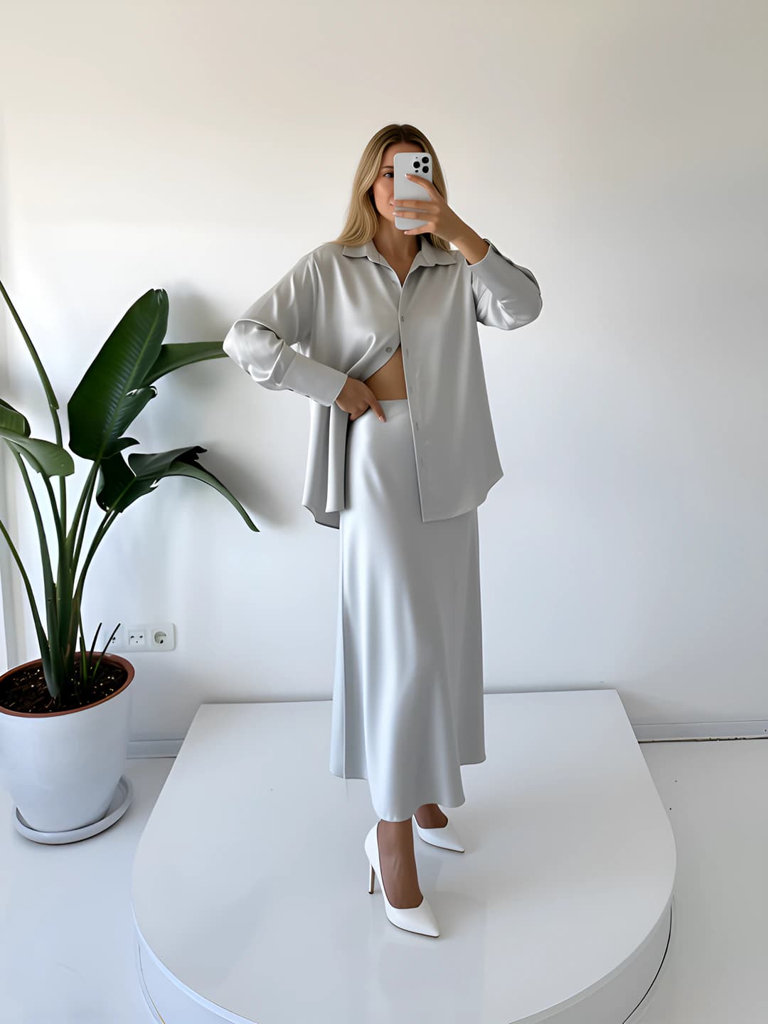 Women's casual satin blouse and high waist long skirt set, long sleeve, solid colour