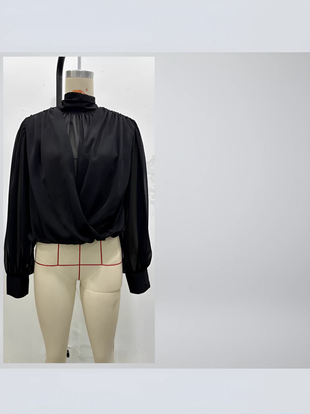 Women's autumn-winter blouse: stand collar, long sleeve, solid colour, semi-transparent, balloon fit, back bow tie