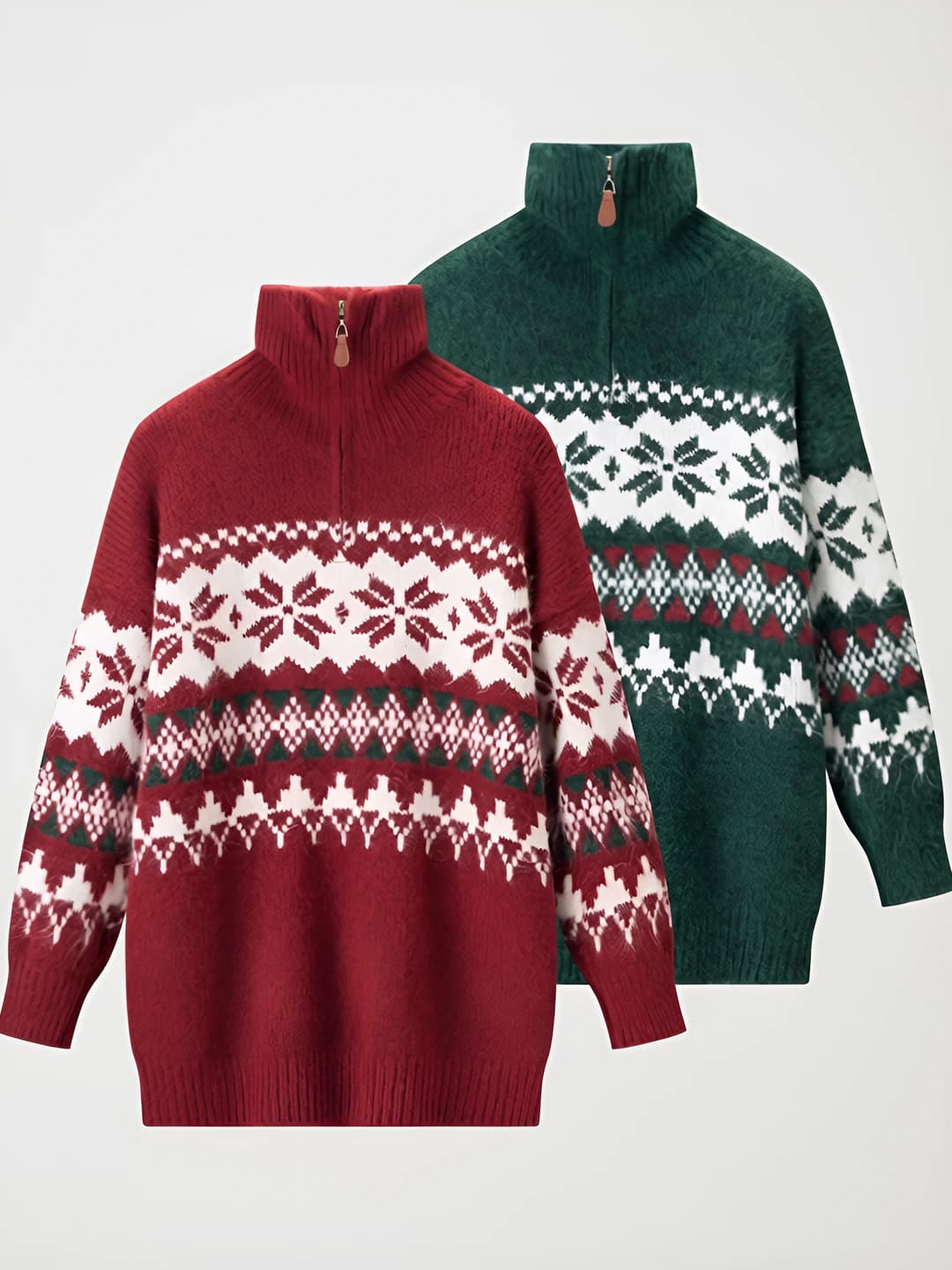 Women's Fair Isle knit sweater for autumn-winter, retro style, high neck, zip, loose fit, long sleeve