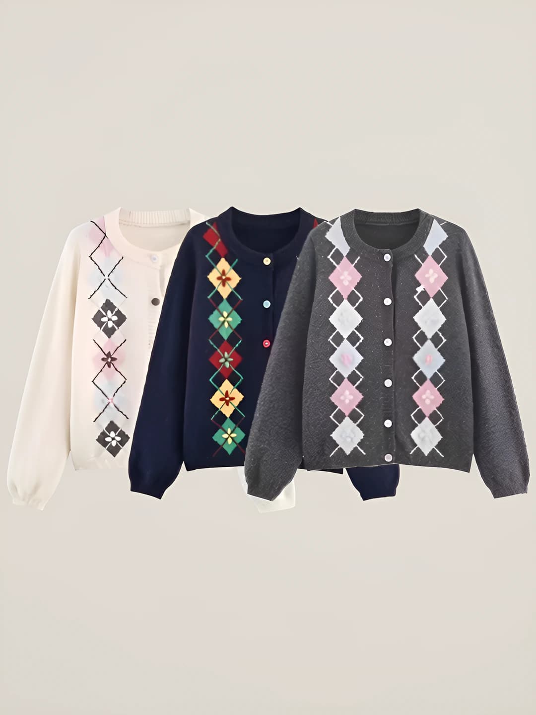 Ayollar uchun kuz-qish retro dumaloq yoqa kashtali trikotaj kardigan, bo'sh (oversize) kesim, uzun yeng, qalin mato