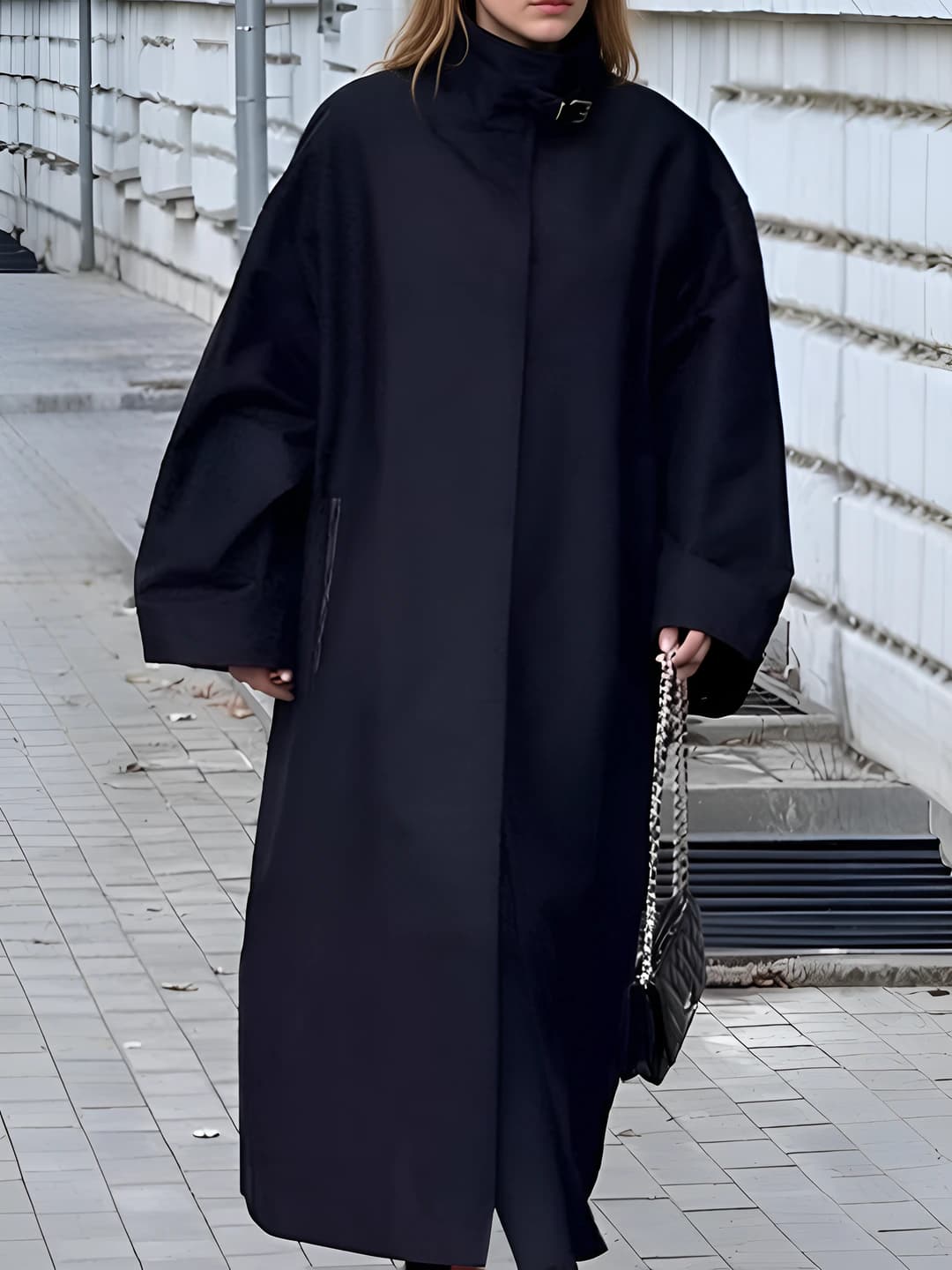 Women's long autumn-winter trench coat, stand collar, long sleeve, solid colour, thick, british style