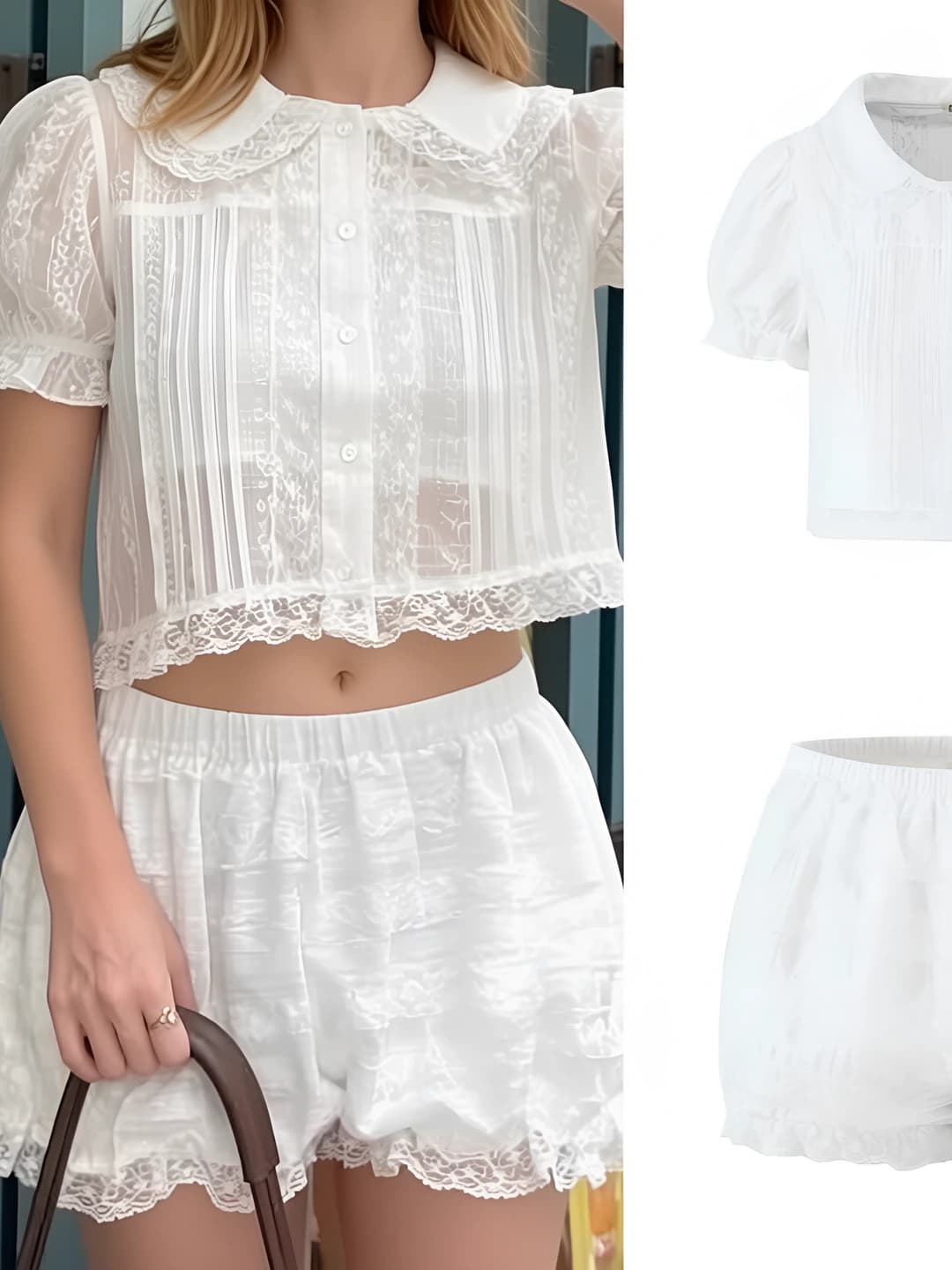 Women's French style two-piece set with lace, ruffles, solid color blouse and shorts