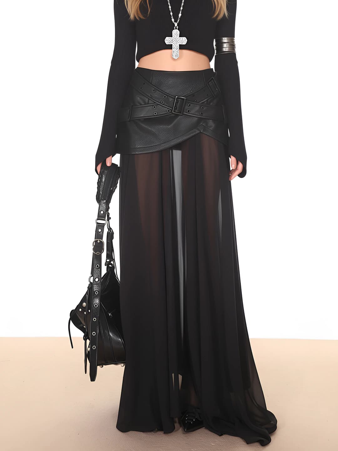 Women's long chiffon skirt with PU leather splicing, solid colour, summer