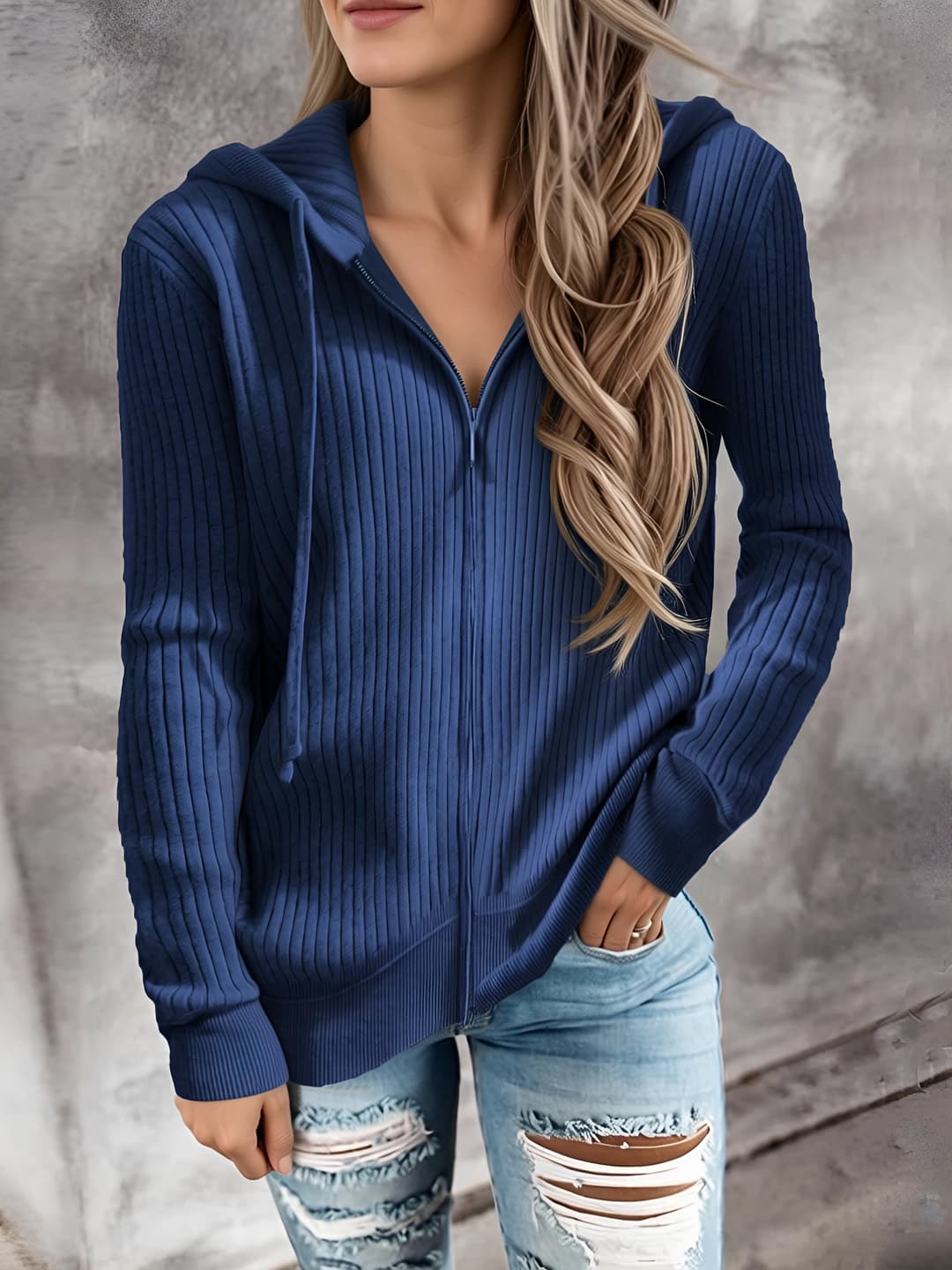 Women's autumn-winter striped casual loose fit zip hoodie, long sleeve knit top