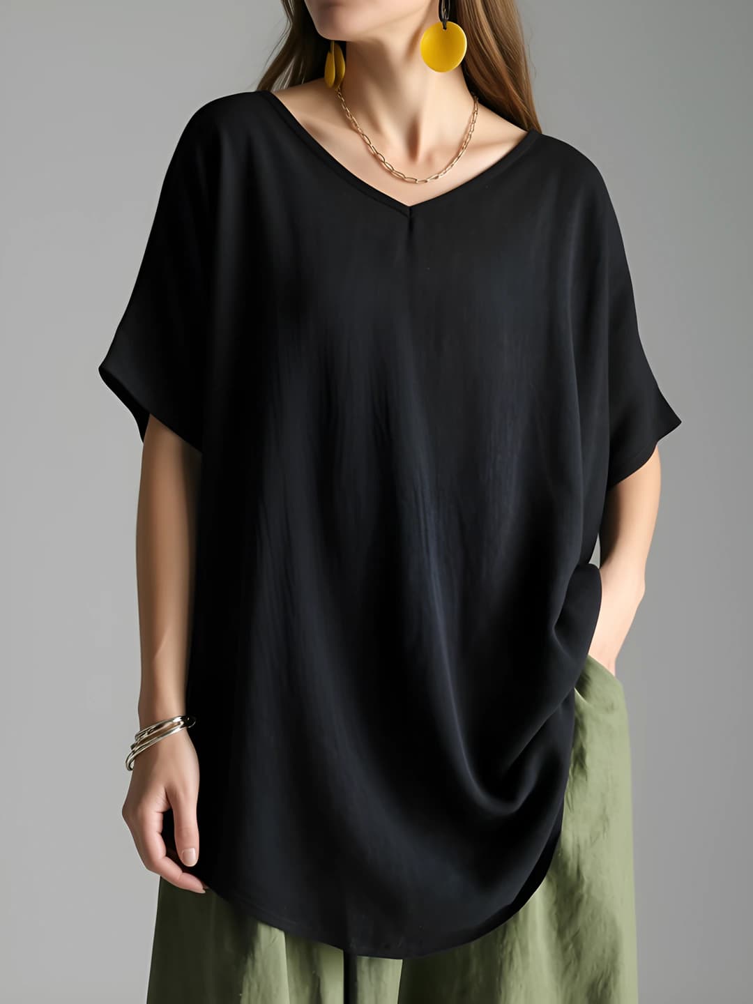 Women's retro cotton t-shirt, V-neck, short sleeve, loose fit, solid colour