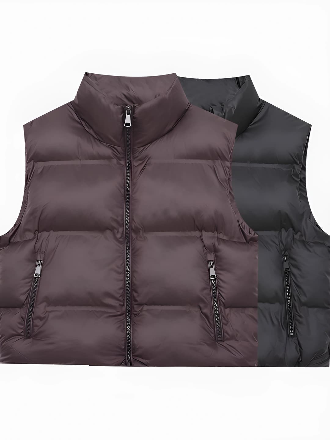 Women's padded vest for autumn-winter, sleeveless, stand collar, zip closure, pockets, solid colour, casual style