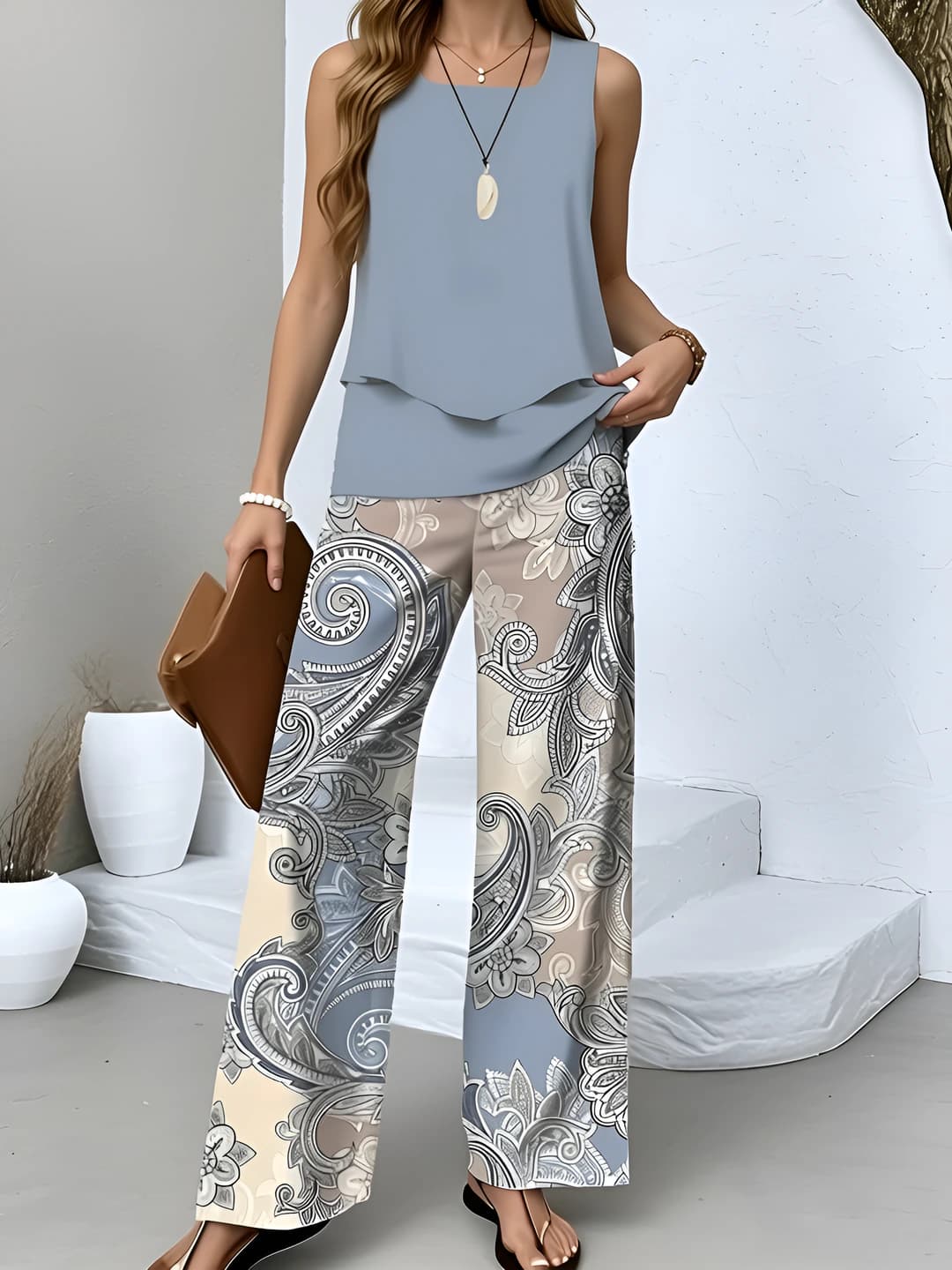 Women's casual set: sleeveless tank top and printed trousers, 3D effect, for spring-summer and autumn