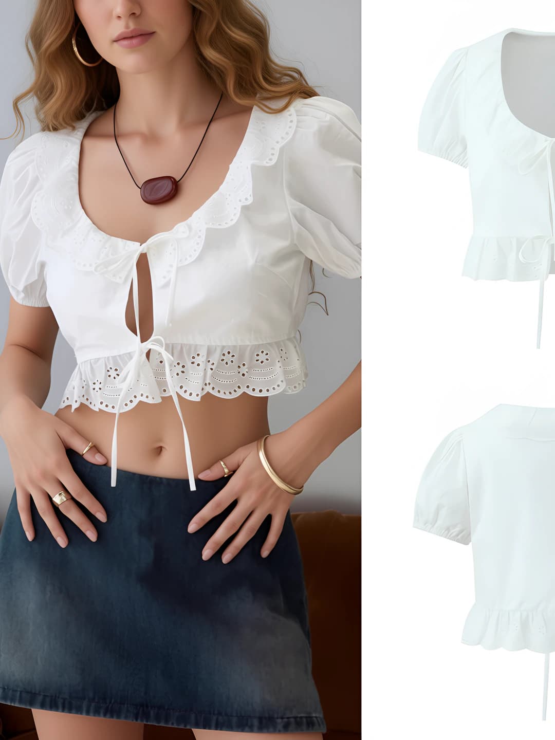 Women's summer French style blouse with crew neck, short sleeve, puff sleeve, wavy edge and tie closure