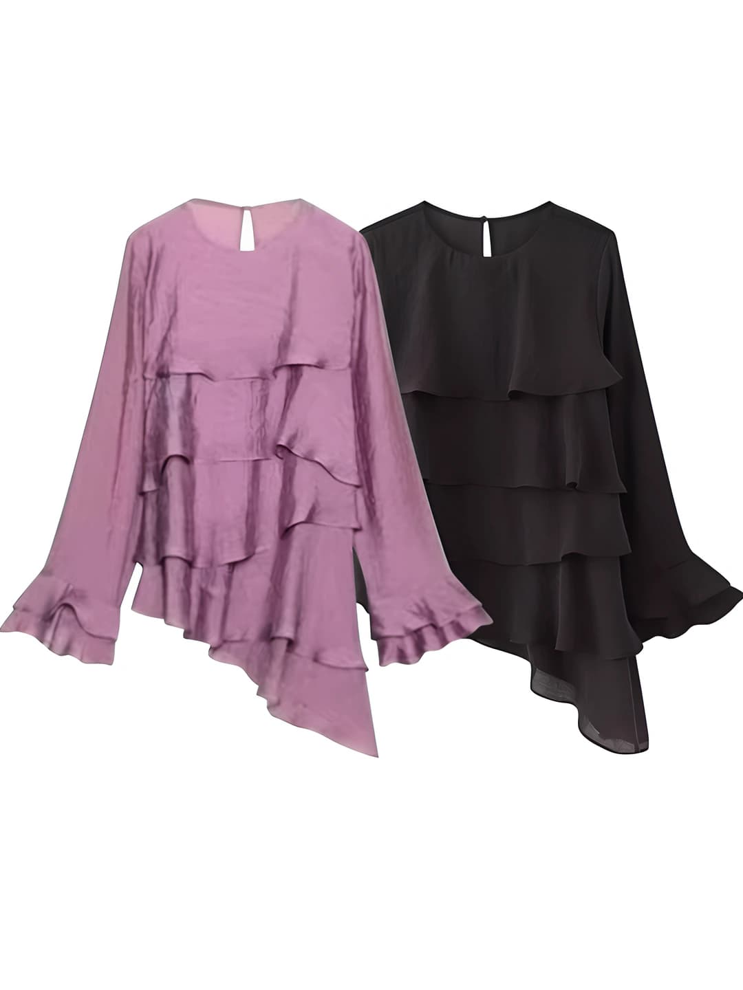 Women's French-style chiffon blouse with crew neck, long sleeve and asymmetric layering