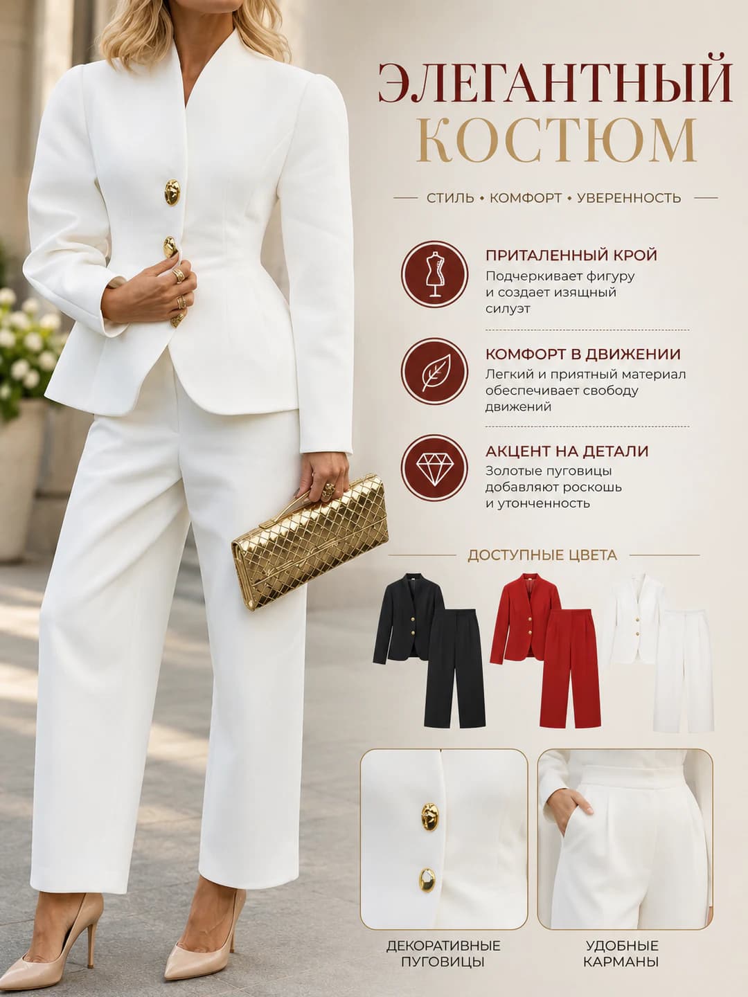 Women's casual blazer and trousers set: metal button, V-neck, long sleeve, solid colour, polyester