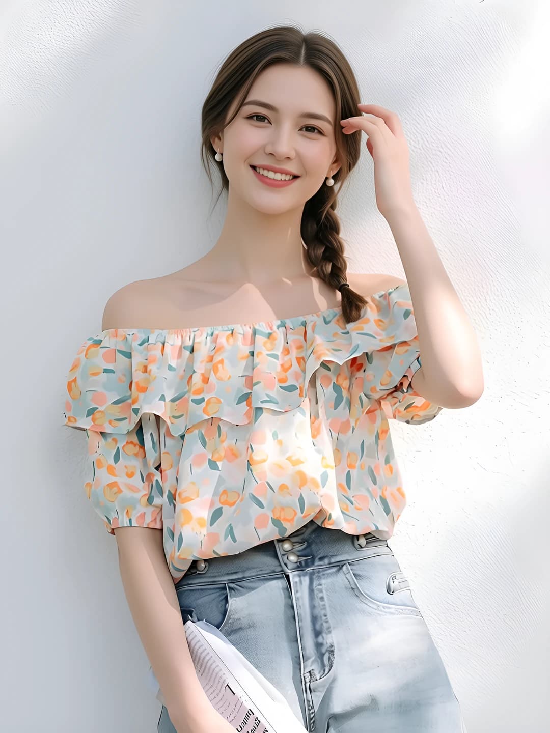 Women's summer off-shoulder floral chiffon top, sleeveless, short sleeve