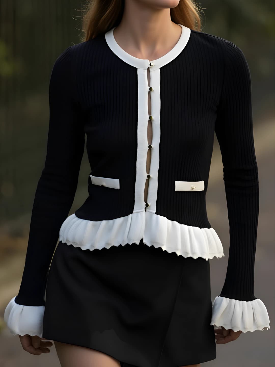 Women's knit top 2026 autumn, crew neck, long sleeve, cropped, closure: buttons, style: sexy