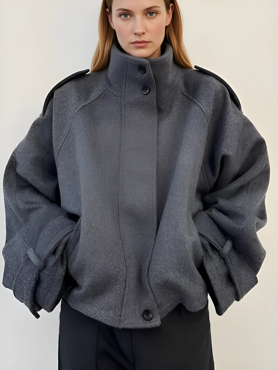 Ayollar uchun retro uslubdagi tik yoqali, bo'sh (oversize) kesimli, qalin mato kurtka