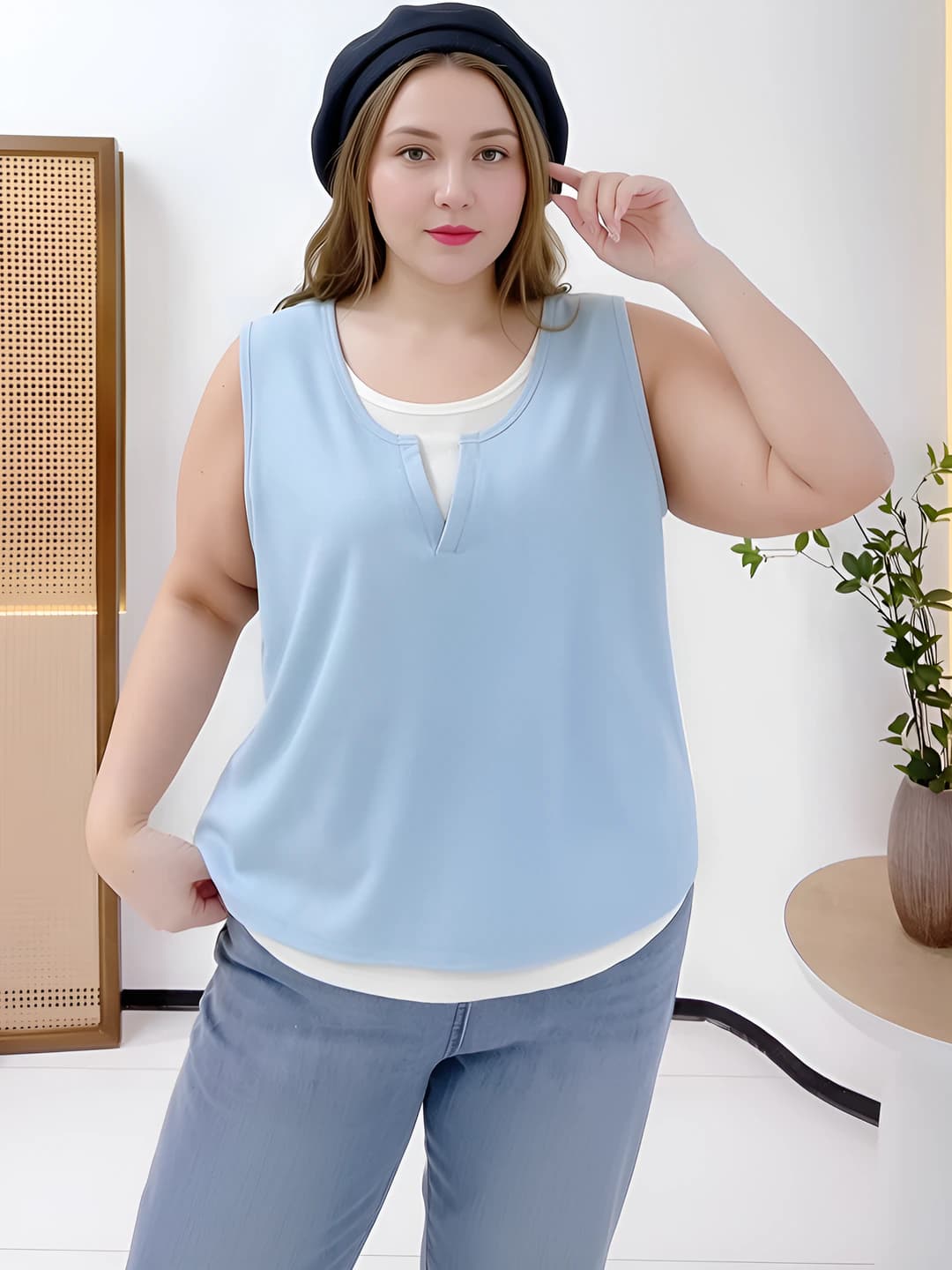 Women's summer plus size loose fit ice-silk fabric sleeveless tank top, A-line, solid colour, stretch