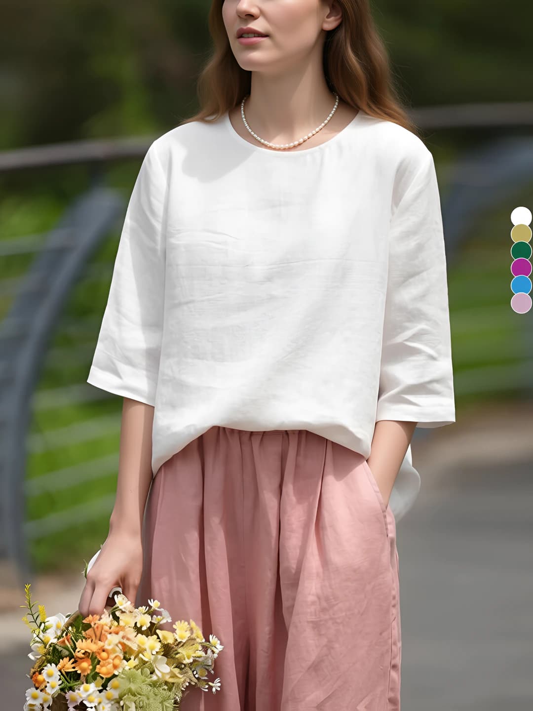 2026 summer women's cotton linen t-shirt, solid colour, retro, elbow-length sleeve, loose fit, slimming