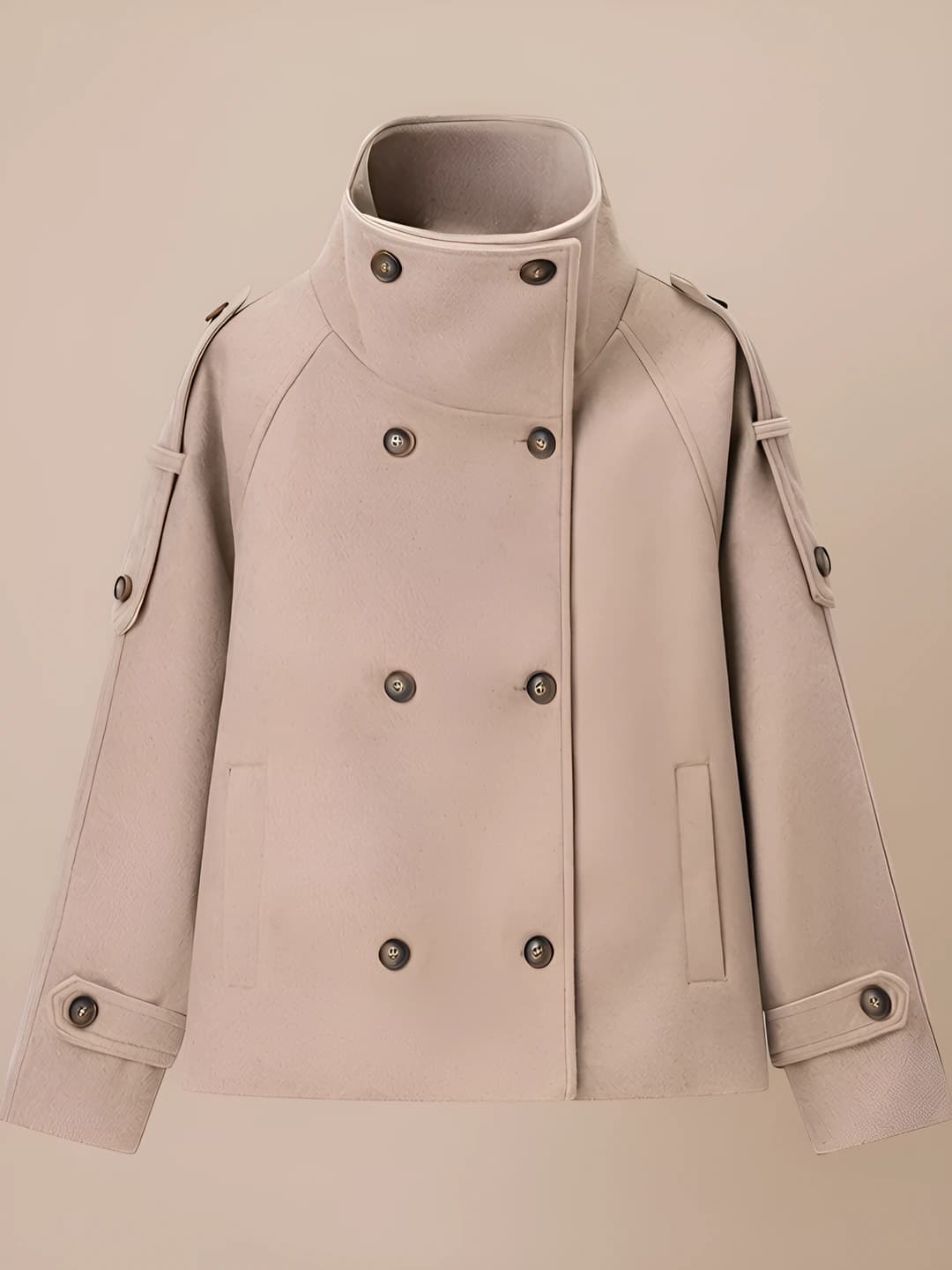Women's cropped woolen jacket, loose fit, stand collar, long sleeve, double-breasted, solid colour, thick fabric, autumn-winter