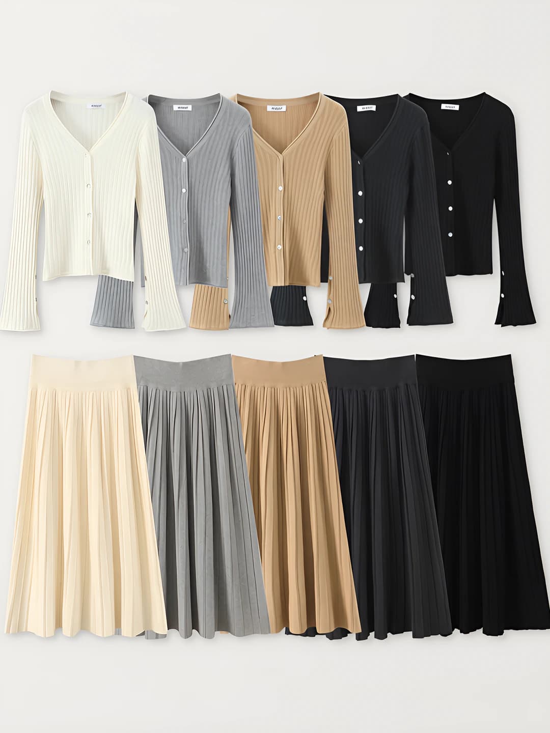 Women's retro preppy style V-neck knit cardigan and long pleated skirt set