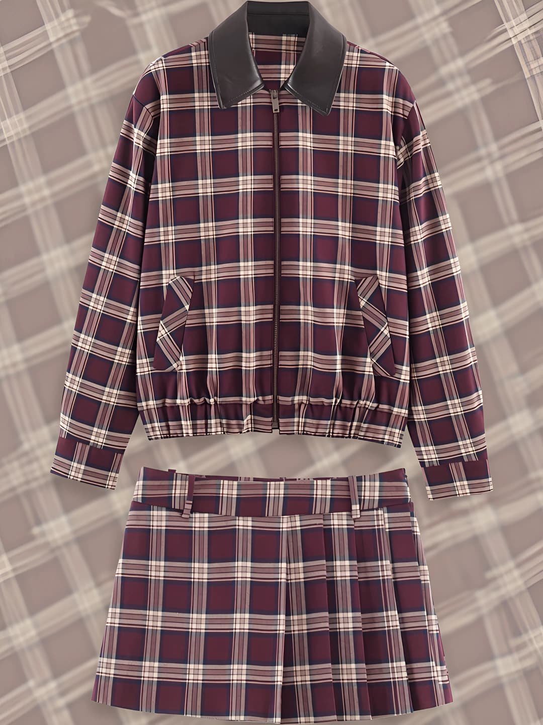 Women's autumn-winter plaid jacket and pleated skirt set with leather-effect lapel collar made of polyester