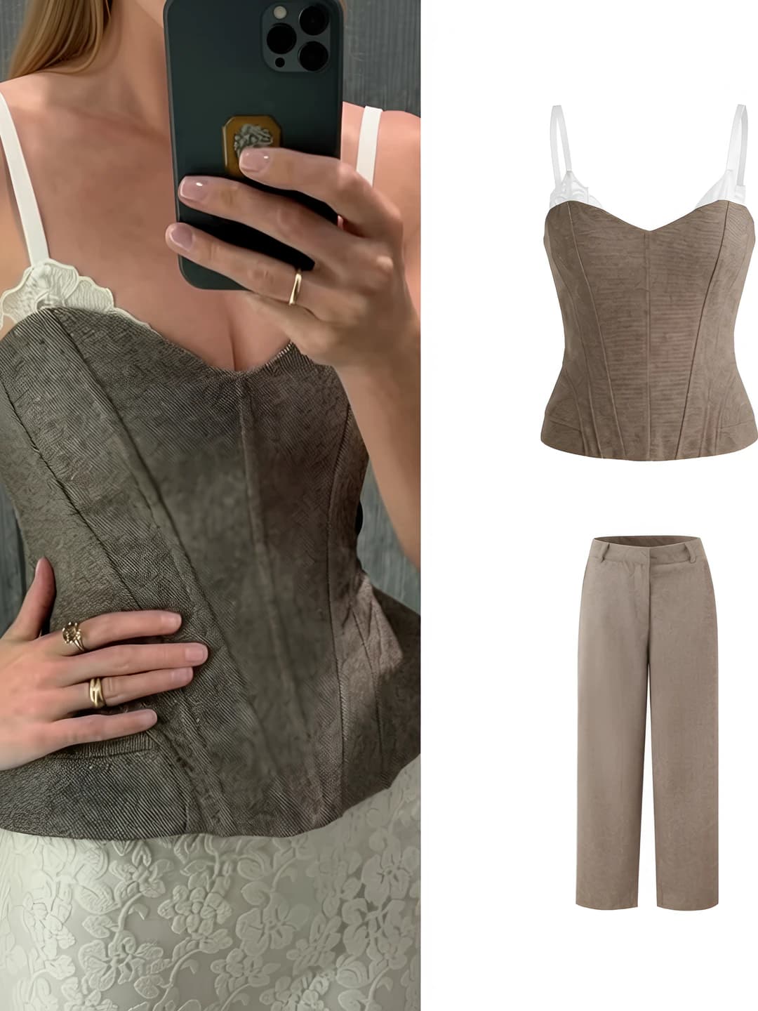 Women's casual set: cropped sleeveless V-neck lace tank top, slim fit + straight cut trousers