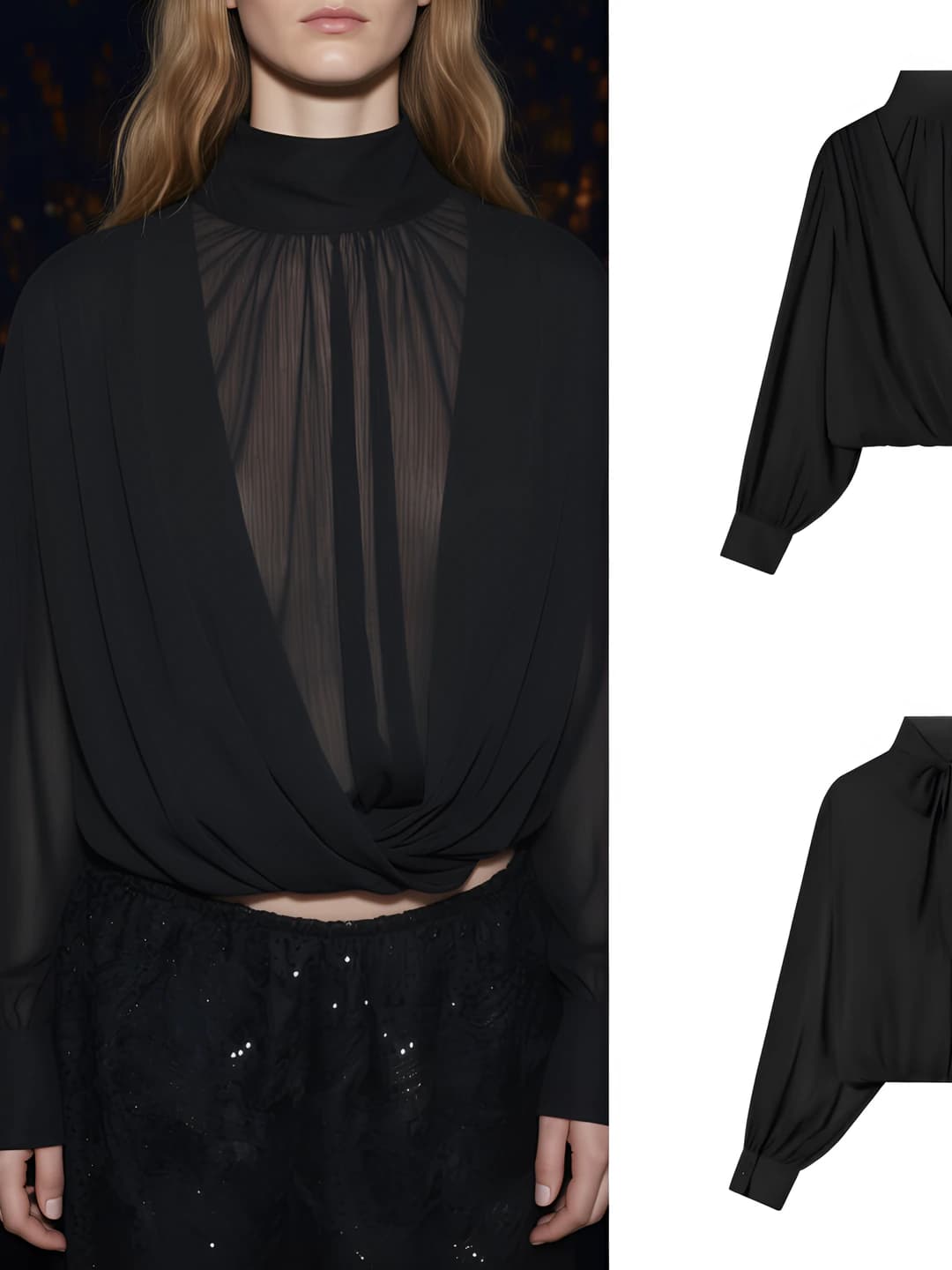Women's blouse with mock neck, long sleeve, solid colour, lantern sleeve