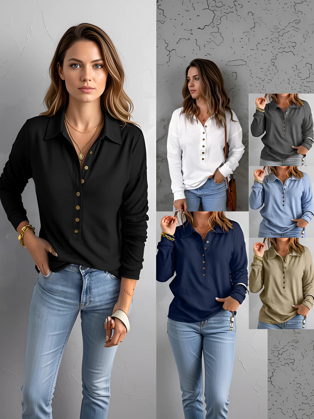 Ayollar uchun polo: uzun yengli, qaytarma yoqali, tugma yopilishli, bir rangli, bo'sh (oversize) trikotaj sviter, kuz-qish