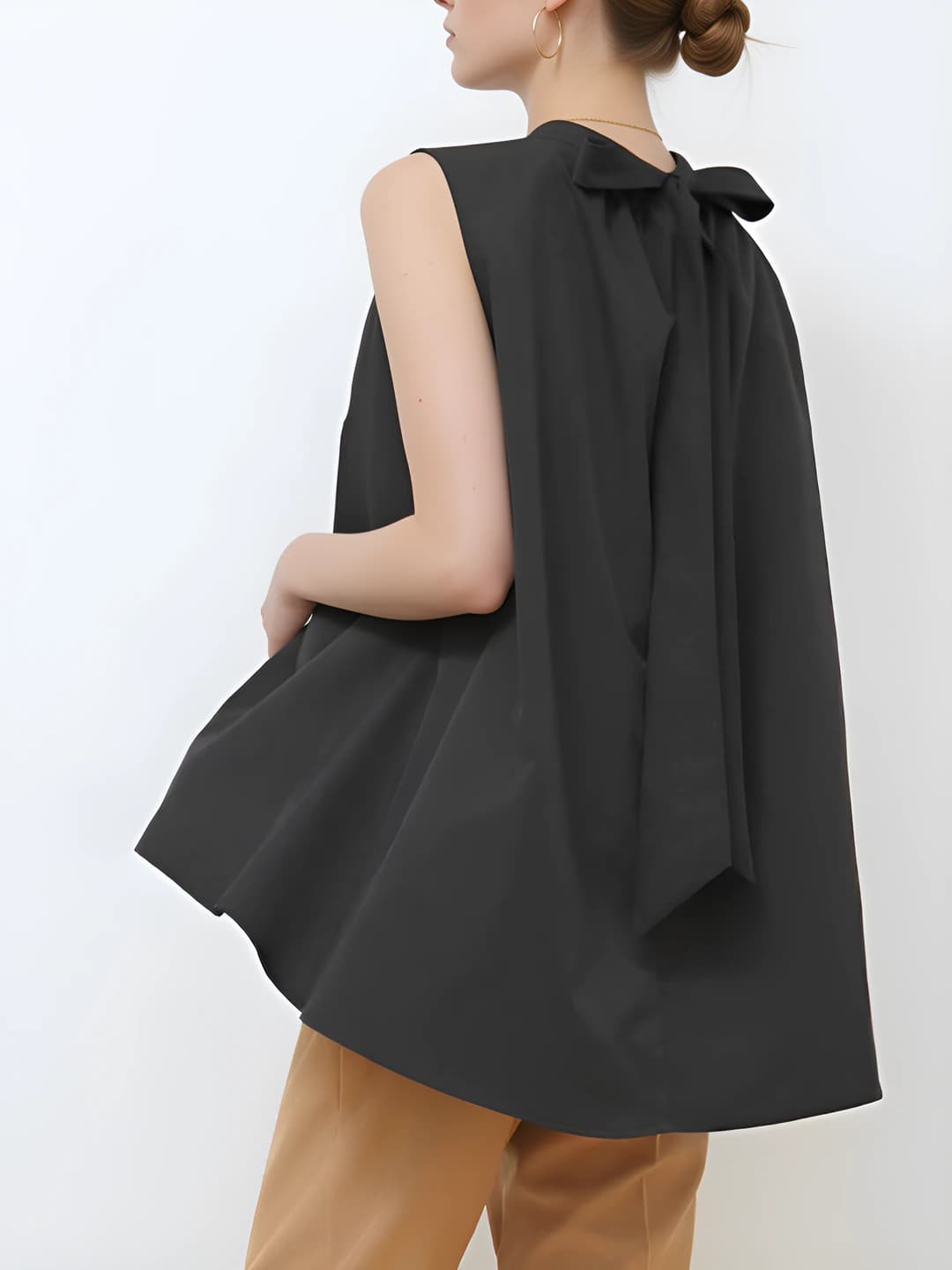 Women's summer sleeveless blouse with stand collar and back bow tie, solid colour, loose fit, casual style