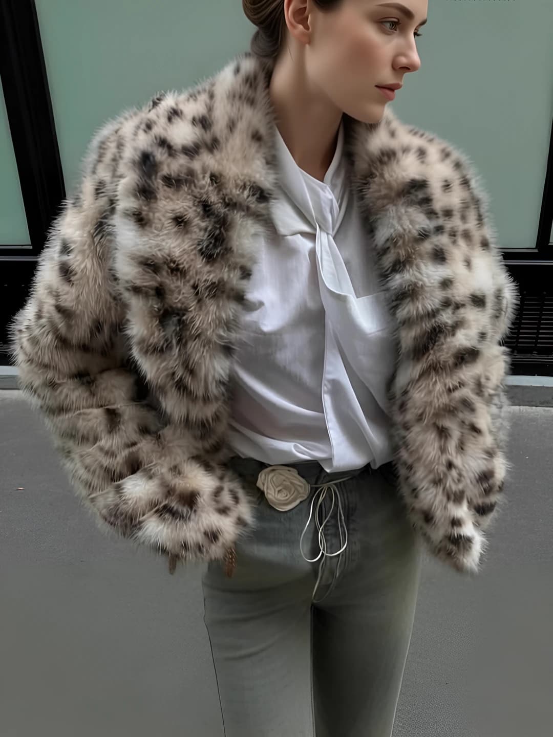 Ayollar uchun retro uslubdagi qaytarma yoqali, bo'sh (oversize) kesimli, uzun yengli, qalin, leopard naqshli shub