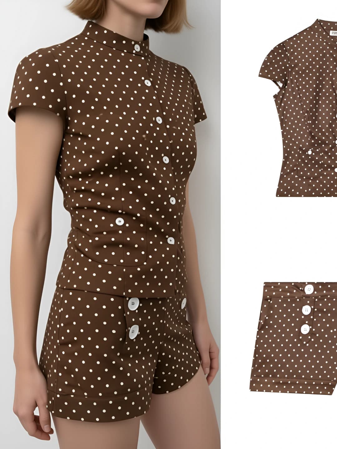 Women's polka-dot blouse and shorts set with crew neck and short sleeves
