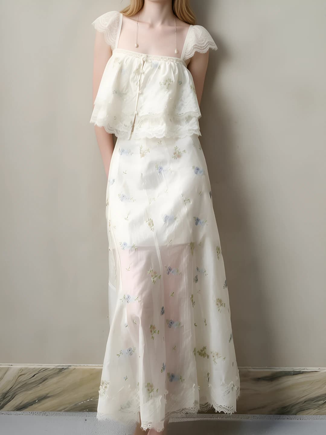 Women's blouse and skirt set with lace and embroidery, retro style, mid-length skirt, short sleeve, casual