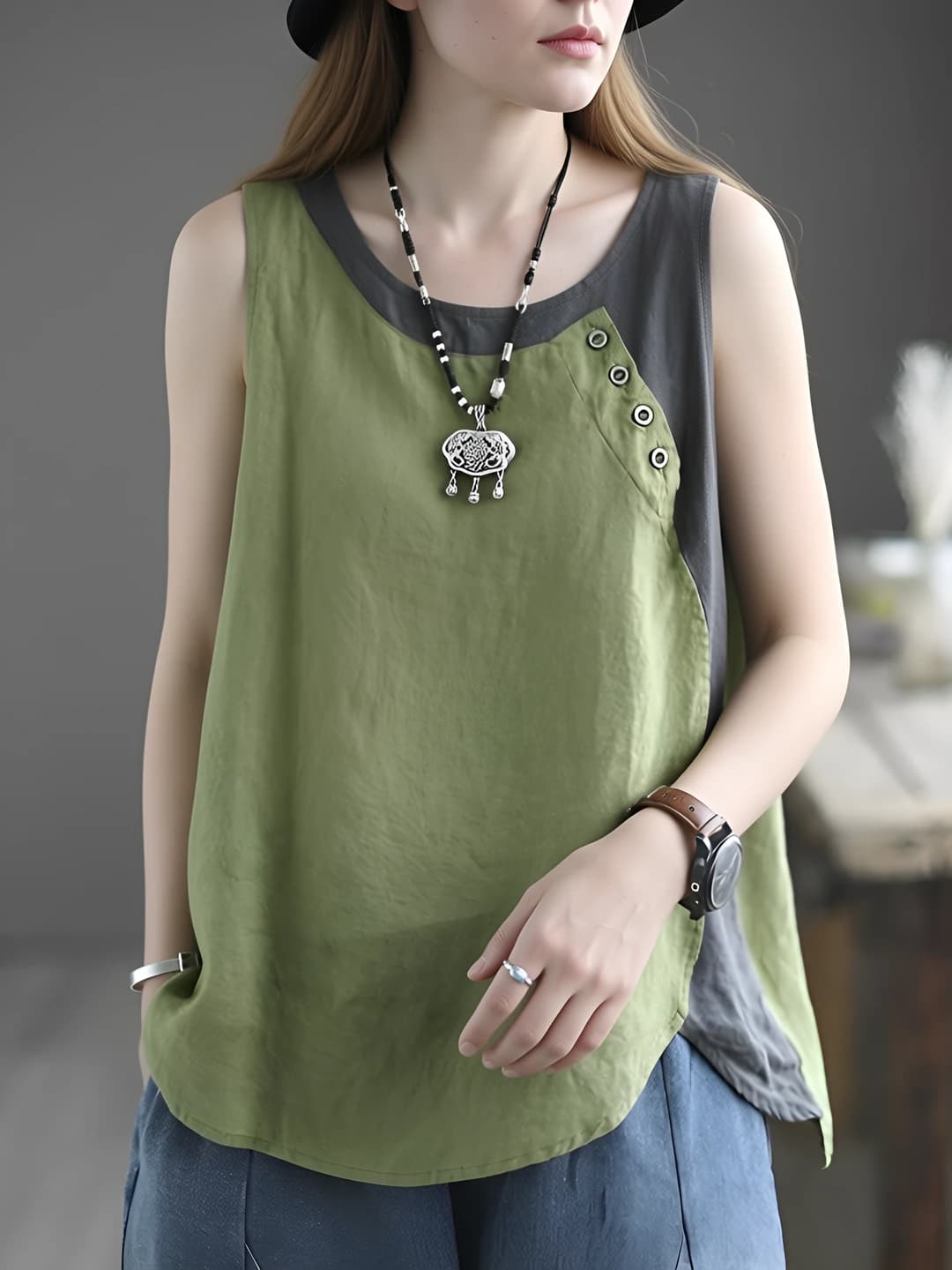 Ayollar uchun bogʻichli top: 2026 yil yozgi yangi model, bo'sh kesim, yupqa, asimetrik, tugma bezakli, patchwork, 3D naqshli, A-kim, elastik, o'zgaruvchan
