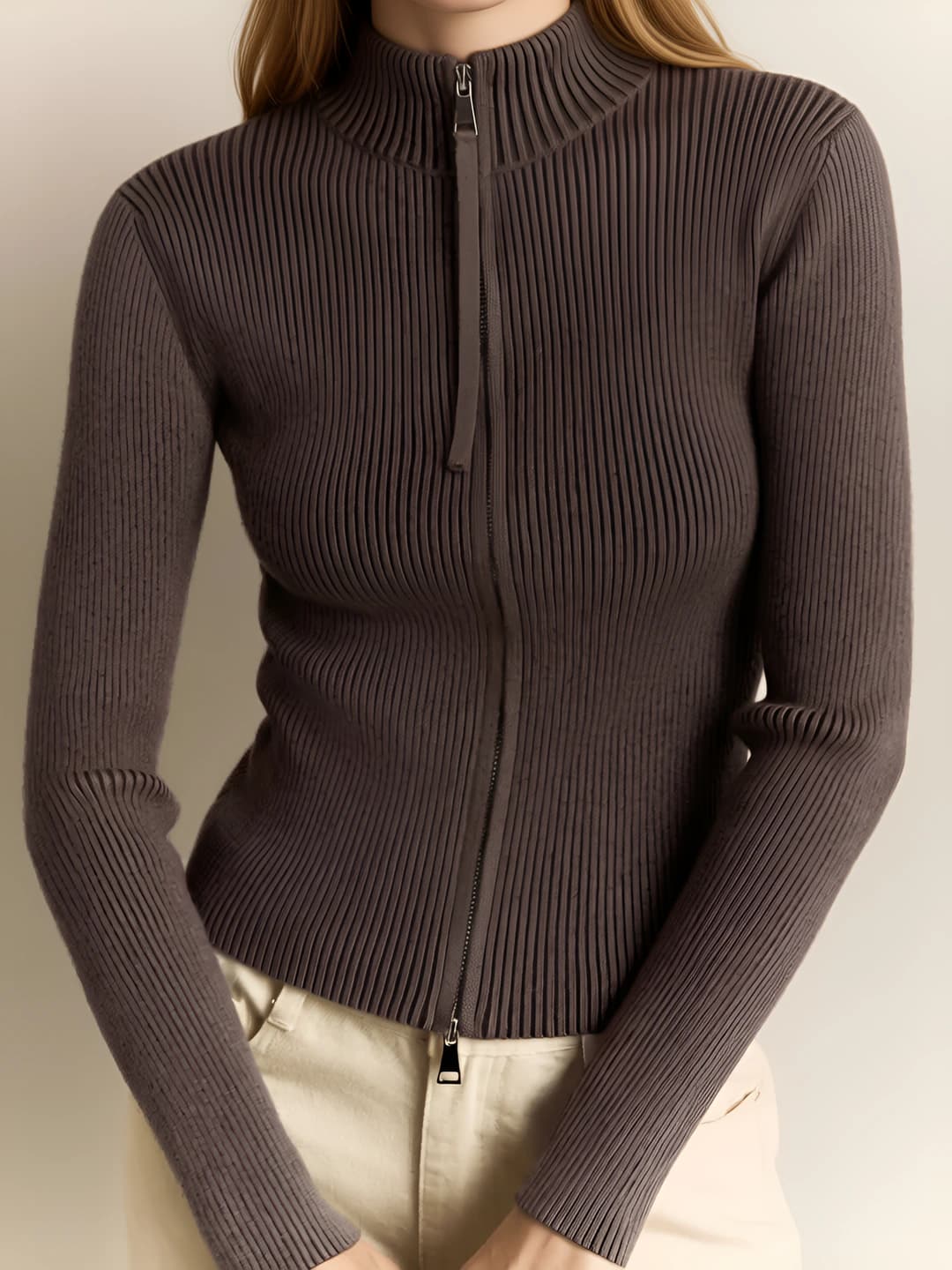 Women's autumn-winter solid colour zip-front slim fit knit cardigan with stand collar, high waist and long sleeve