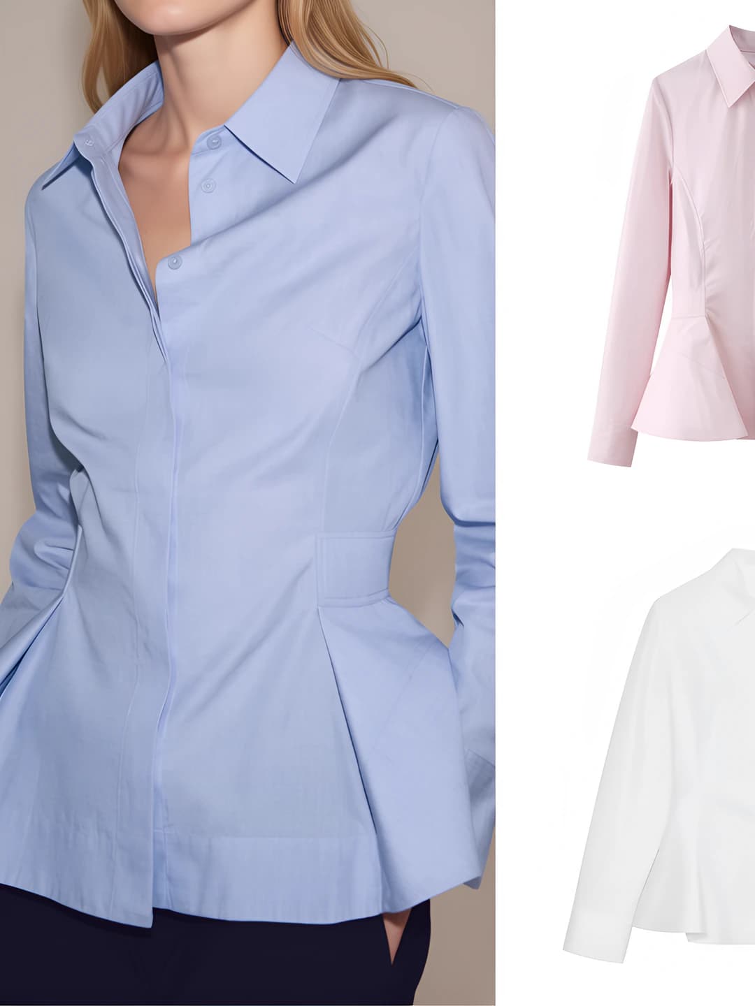 Ayollar uchun uzun yengli, qaytarma yoqali, bir rangli, tanaga yopishgan, peplum yubka ko'rinishidagi pastki qirrali ko'ylak-shirt