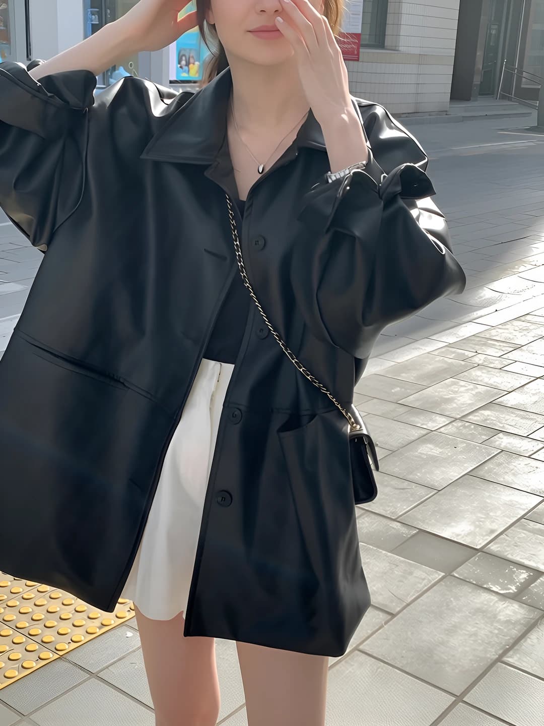 Women's PU leather jacket, loose fit, lapel collar, long sleeve, casual style