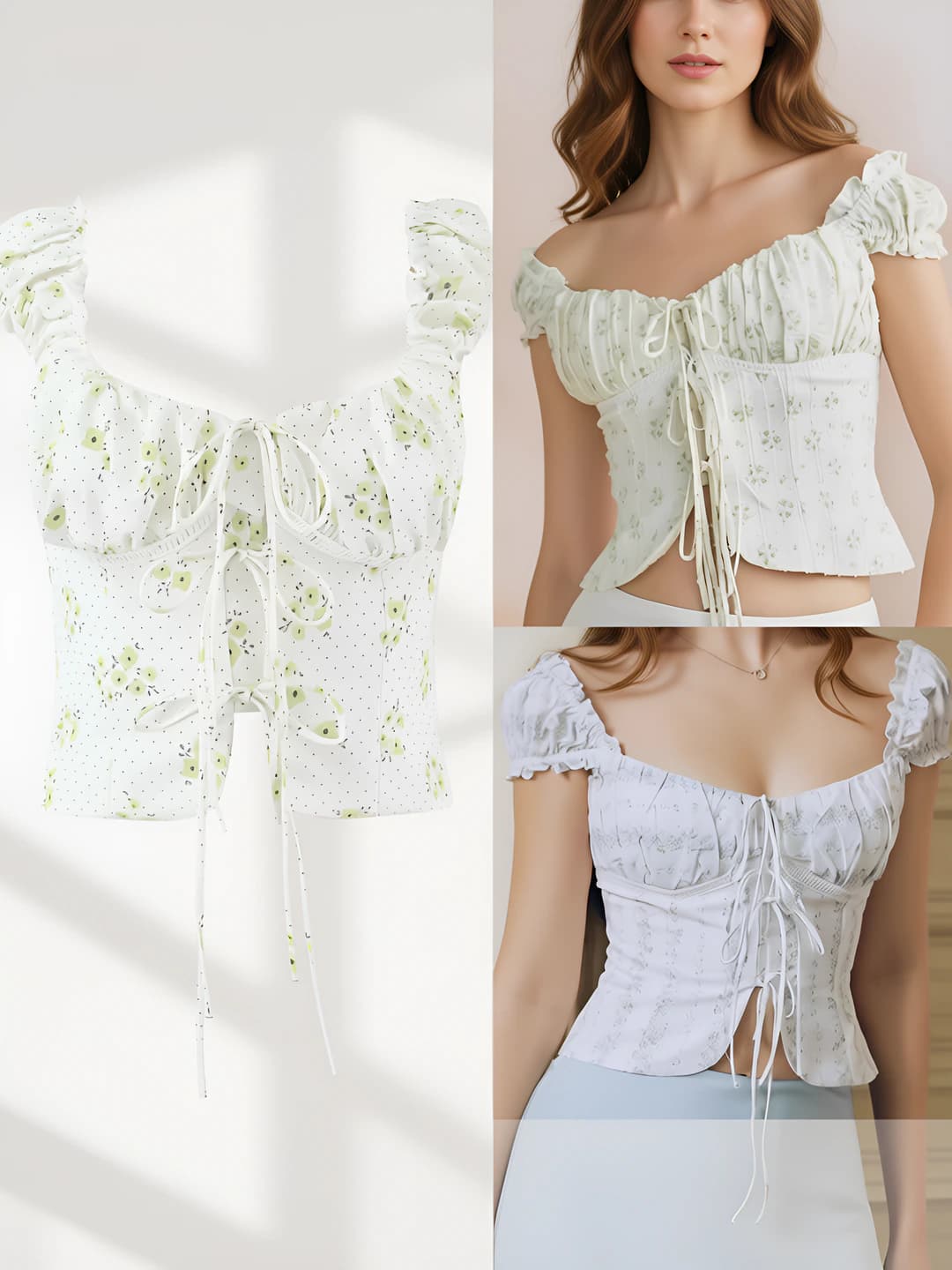 Women's retro floral crop top, slim fit, slimming, with tie, wide straps and square neckline