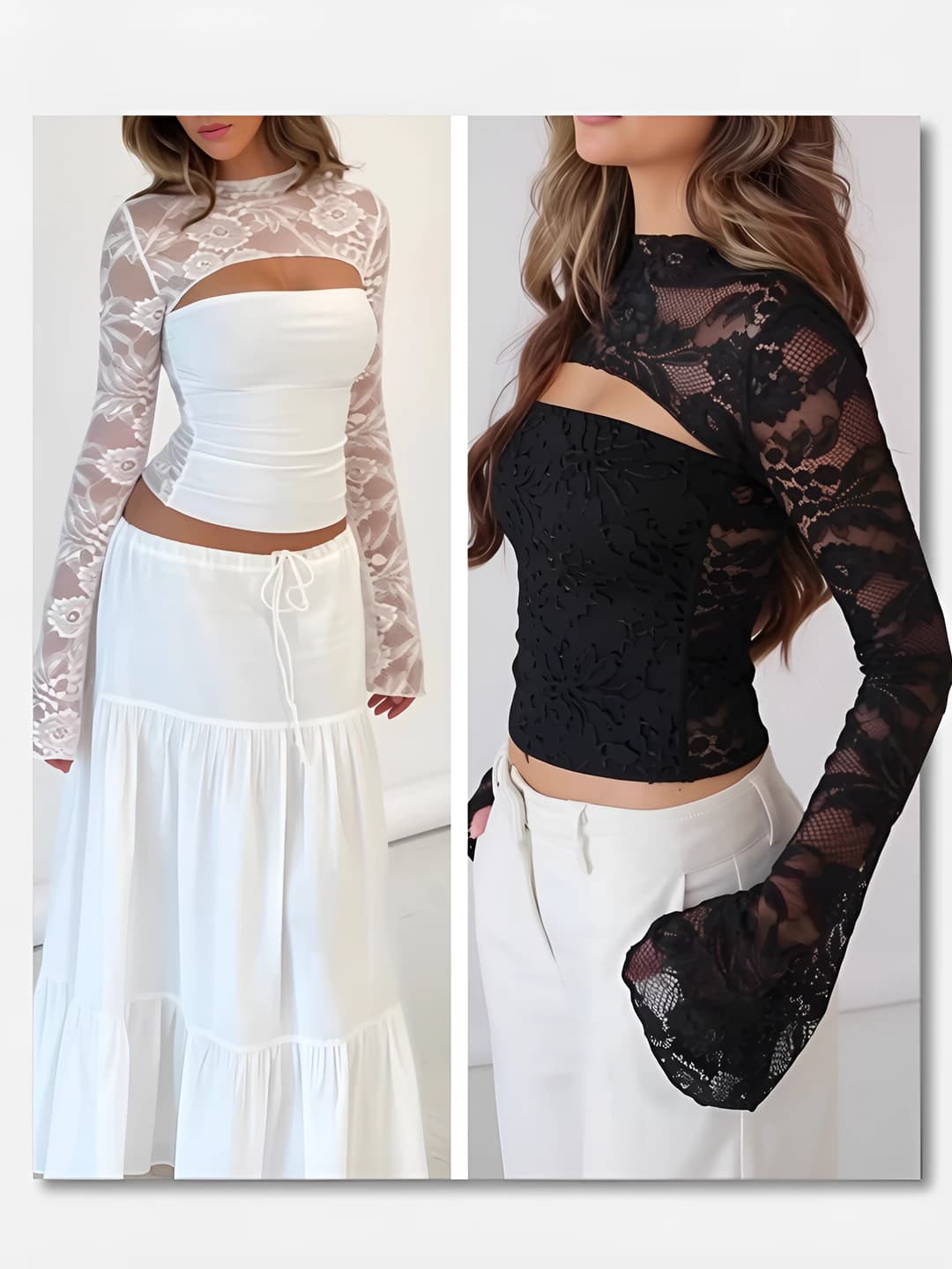 Women's lace cutout long-sleeve top with crew neck, slim fit, solid colour, lingerie-style