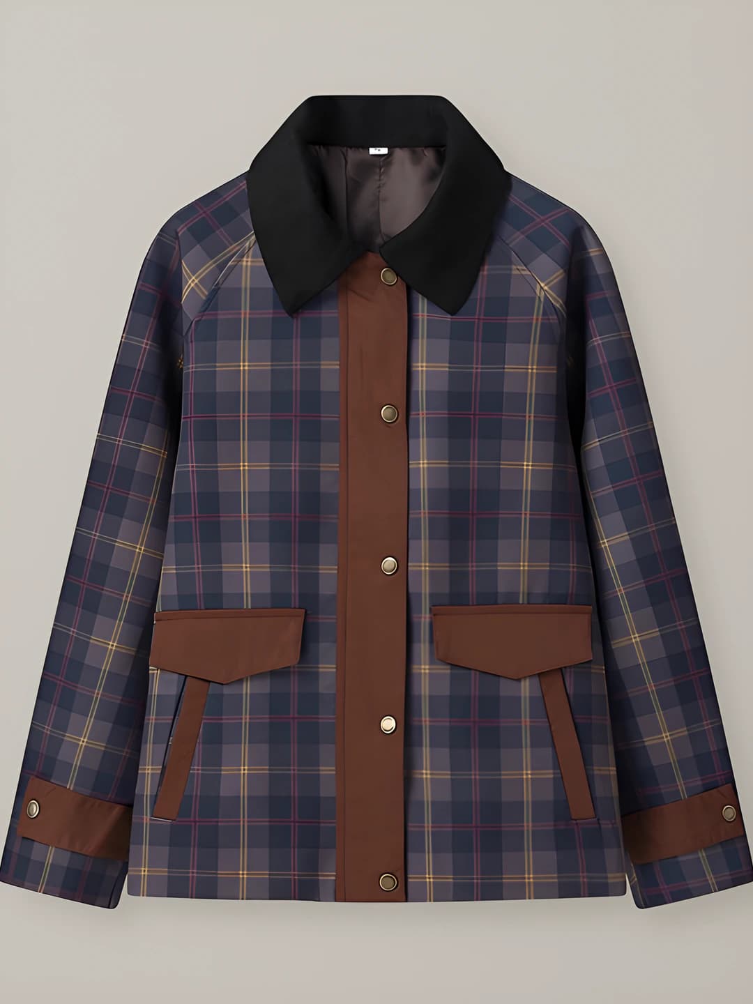Women's autumn-winter checked jacket with lapel collar, long sleeve, zip closure, loose fit, made of polyester