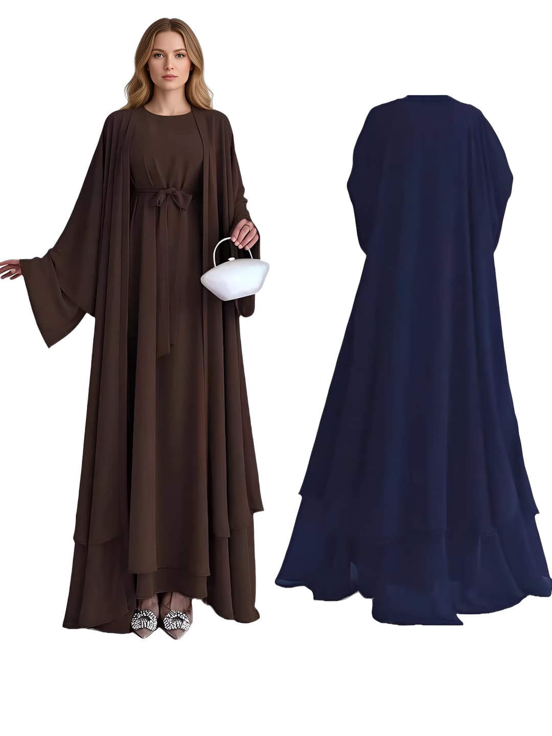 Ayollar uchun bir rangli uzun yubkali chiffon ko'ylak to'plami: uzun yengli, bo'sh (oversize) va elegant