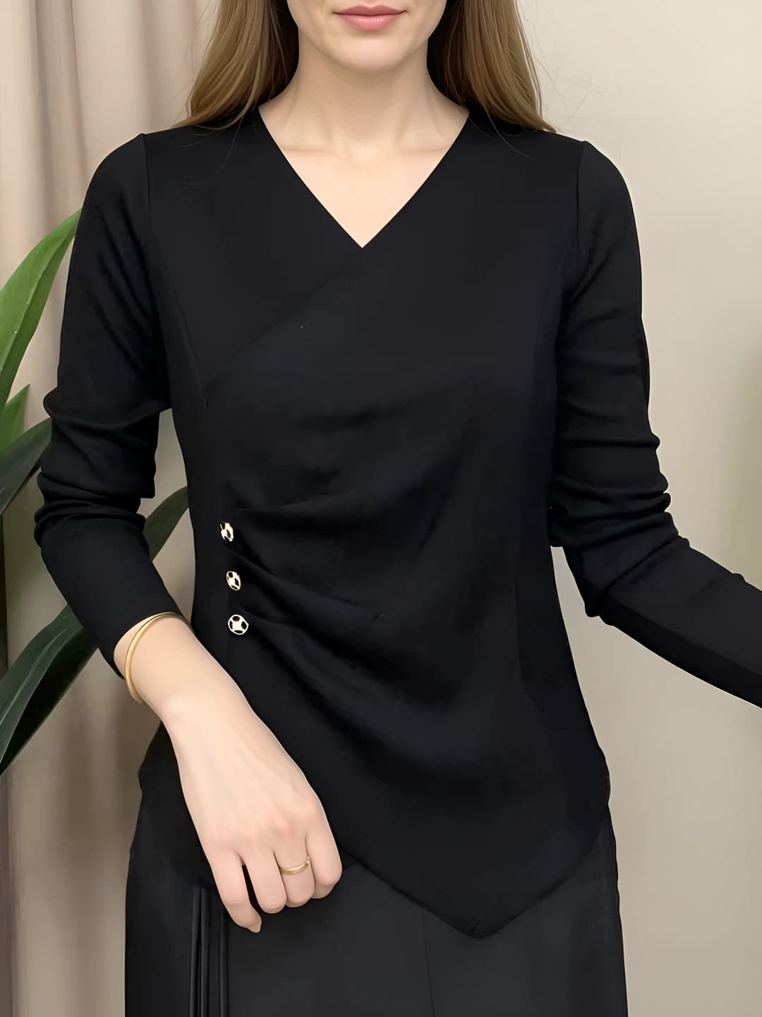 Women's spring-autumn plus size loose fit V-neck long sleeve slimming solid colour casual long-sleeve base top